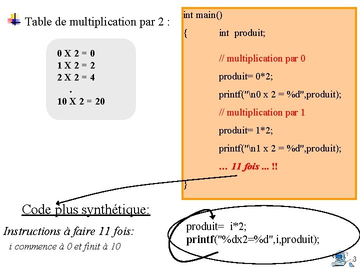 Table de multiplication par 2 : int main() { 0 X 2=0 1 X