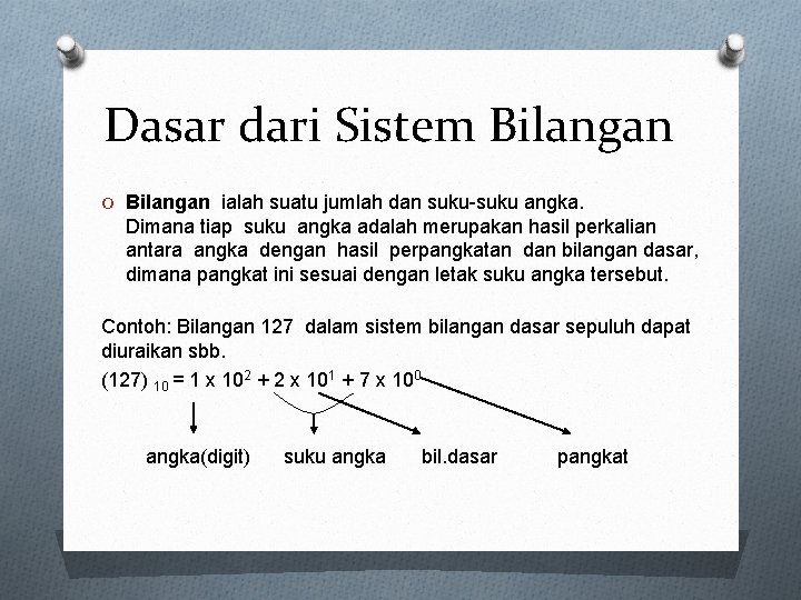 Dasar dari Sistem Bilangan O Bilangan ialah suatu jumlah dan suku-suku angka. Dimana tiap