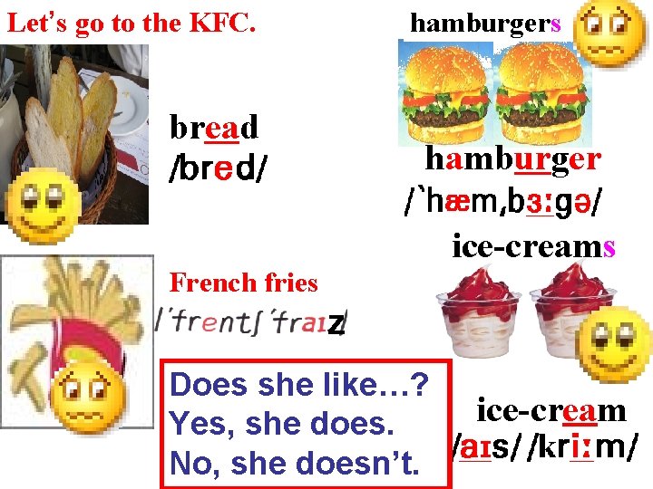 Let’s go to the KFC. hamburgers bread hamburger ice-creams French fries z Does she