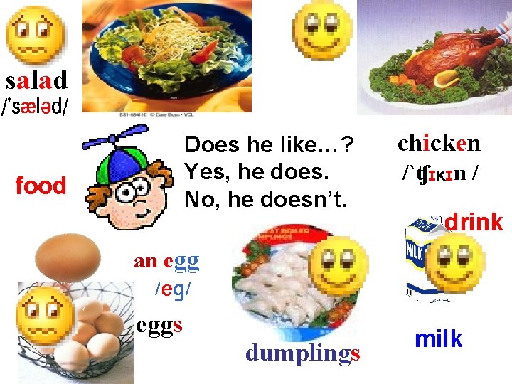salad Does he like…? Yes, he does. No, he doesn’t. food chicken /`ʧIKIn /