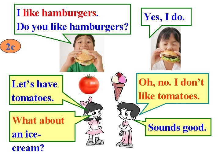 I like hamburgers. Do you like hamburgers? Yes, I do. 2 c Let’s have