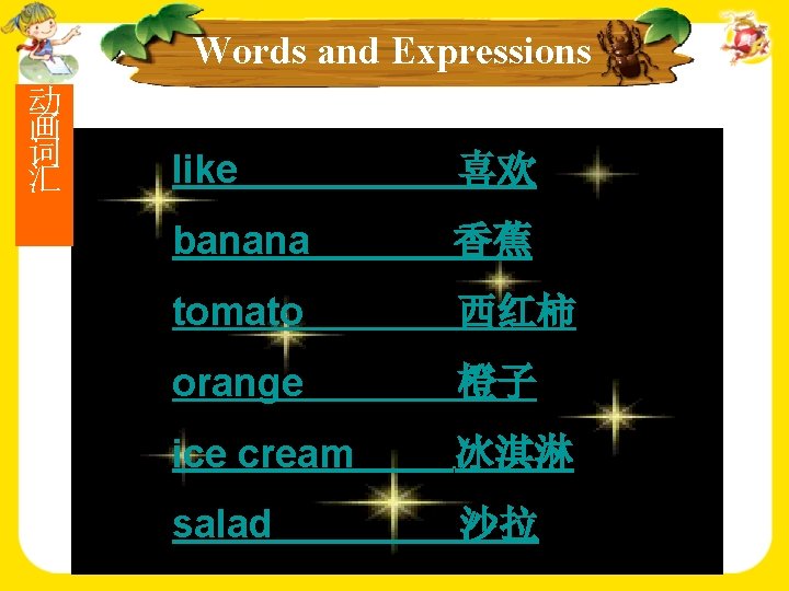 Words and Expressions 动 画 词 汇 like 喜欢 banana 香蕉 tomato 西红柿 orange