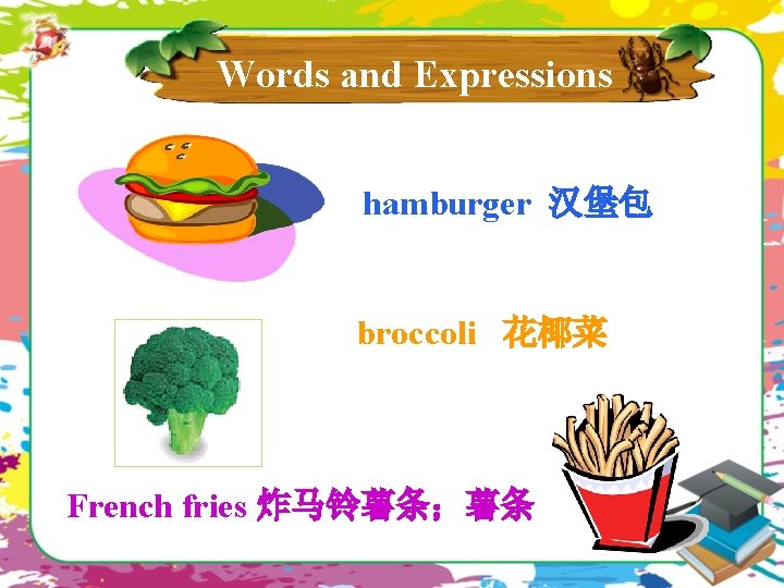 Words and Expressions hamburger 汉堡包 broccoli 花椰菜 French fries 炸马铃薯条；薯条 