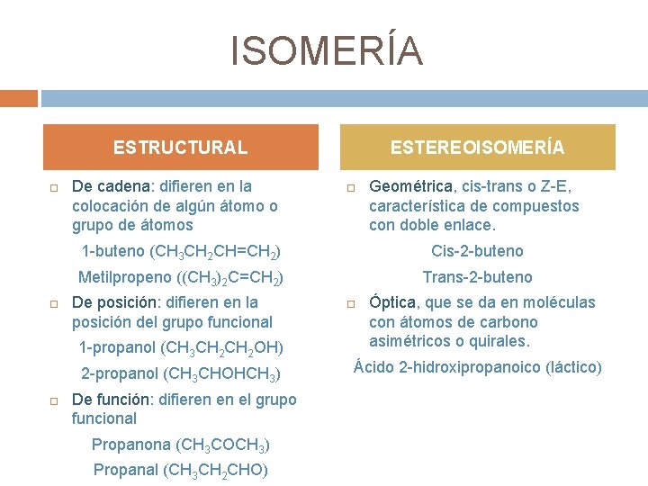 ISOMERÍA ESTRUCTURAL De cadena: difieren en la colocación de algún átomo o grupo de