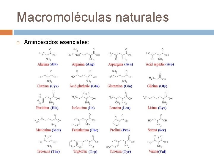 Macromoléculas naturales Aminoácidos esenciales: 