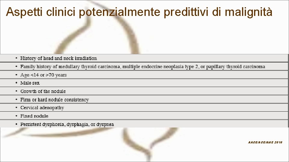 Aspetti clinici potenzialmente predittivi di malignità AACE/AME 2016 