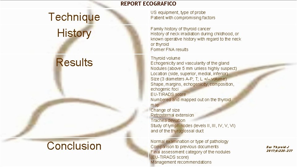 REPORT ECOGRAFICO Technique History Results Conclusion US equipment, type of probe Patient with compromising