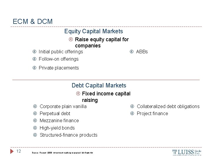 ECM & DCM Equity Capital Markets Raise equity capital for companies Initial public offerings