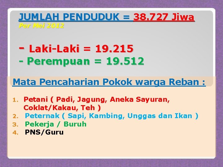 JUMLAH PENDUDUK = 38. 727 Jiwa Per Mei 2012 - Laki-Laki = 19. 215