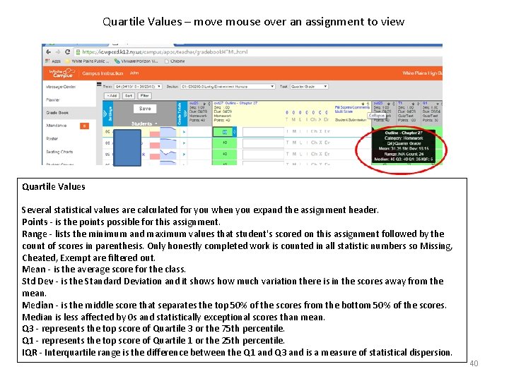 Quartile Values – move mouse over an assignment to view Quartile Values Several statistical