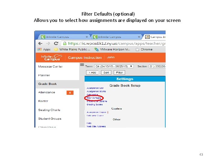 Filter Defaults (optional) Allows you to select how assignments are displayed on your screen