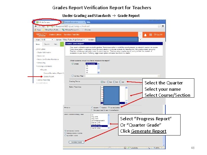 Grades Report Verification Report for Teachers Under Grading and Standards Grade Report Select the