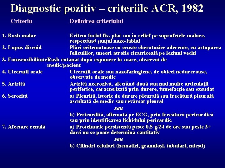 Diagnostic pozitiv – criteriile ACR, 1982 Criteriu 1. Rash malar Definirea criteriului Eritem facial