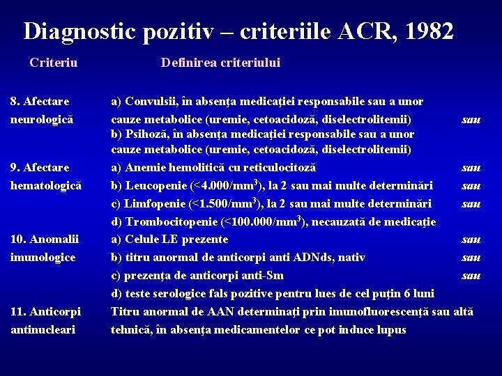 Diagnostic pozitiv – criteriile ACR, 1982 Criteriu 8. Afectare neurologică 9. Afectare hematologică 10.