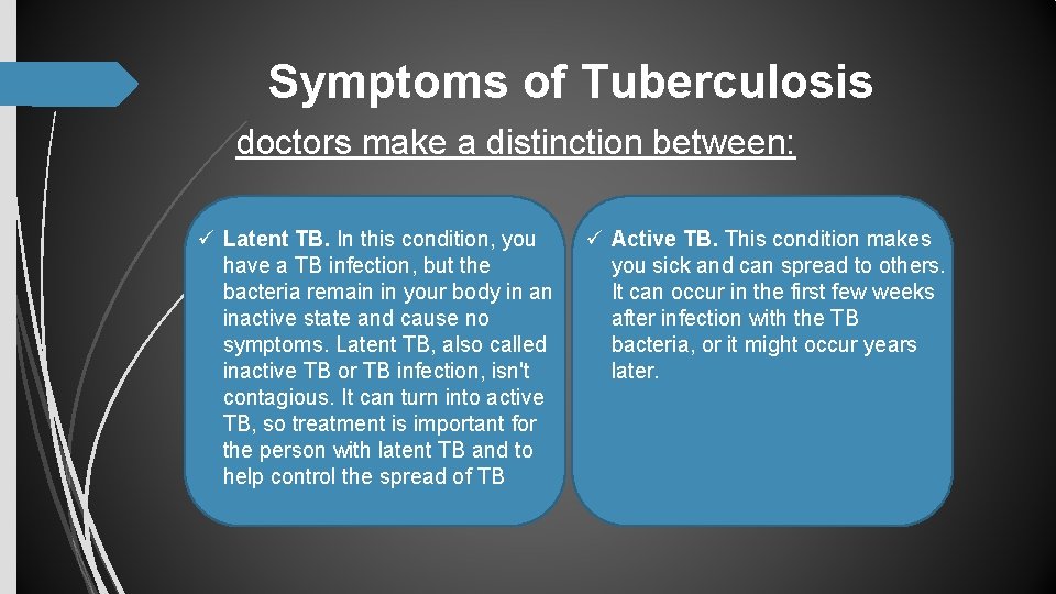Symptoms of Tuberculosis doctors make a distinction between: ü Latent TB. In this condition, Symptoms of Tuberculosis doctors make a distinction between: ü Latent TB. In this condition,