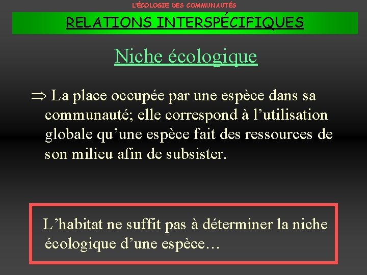 L’ÉCOLOGIE DES COMMUNAUTÉS RELATIONS INTERSPÉCIFIQUES Niche écologique Þ La place occupée par une espèce