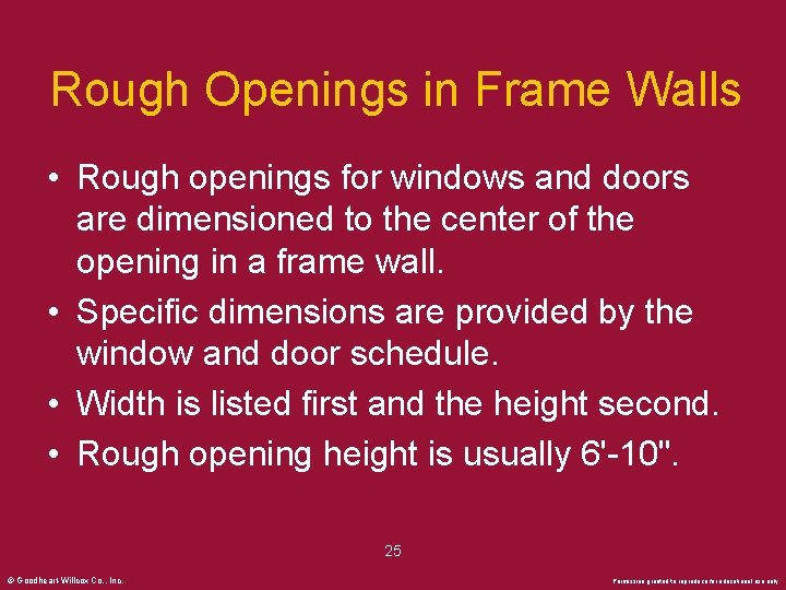 Rough Openings in Frame Walls • Rough openings for windows and doors are dimensioned