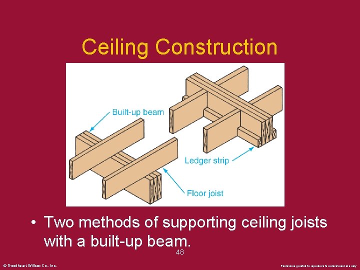 Ceiling Construction • Two methods of supporting ceiling joists with a built-up beam. 48
