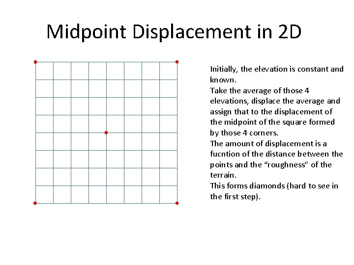 Midpoint Displacement in 2 D Initially, the elevation is constant and known. Take the