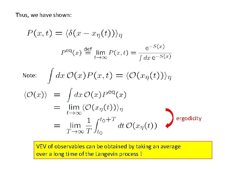 Thus, we have shown: Note: ergodicity VEV of observables can be obtained by taking