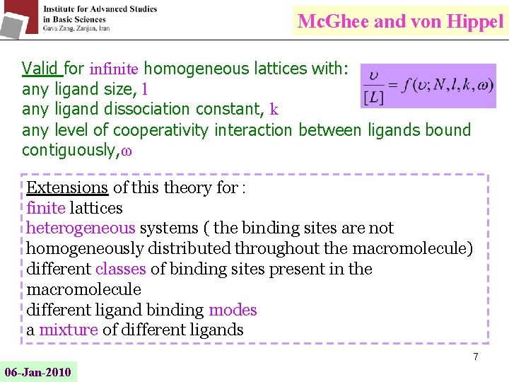 Mc. Ghee and von Hippel Valid for infinite homogeneous lattices with: any ligand size,