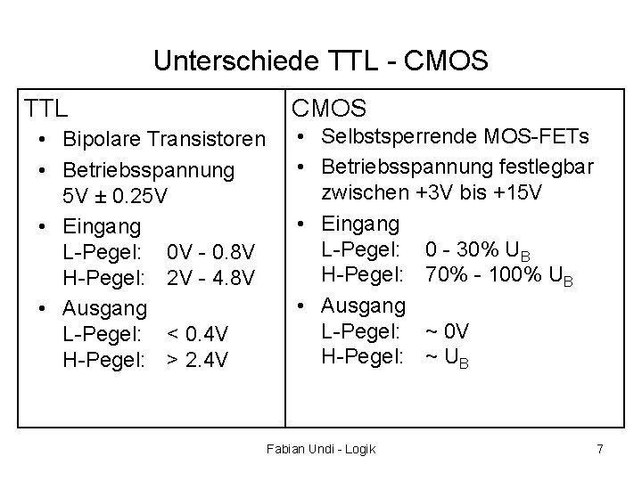 Unterschiede TTL - CMOS TTL • Bipolare Transistoren • Betriebsspannung 5 V ± 0.