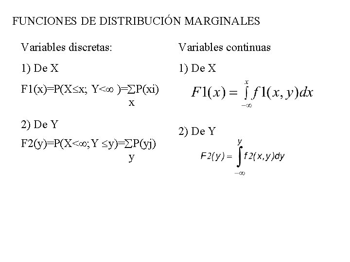 FUNCIONES DE DISTRIBUCIÓN MARGINALES Variables discretas: Variables continuas 1) De X F 1(x)=P(X x;