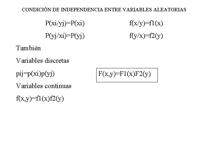 CONDICIÓN DE INDEPENDENCIA ENTRE VARIABLES ALEATORIAS P(xi/yj)=P(xi) f(x/y)=f 1(x) P(yj/xi)=P(yj) f(y/x)=f 2(y) También Variables