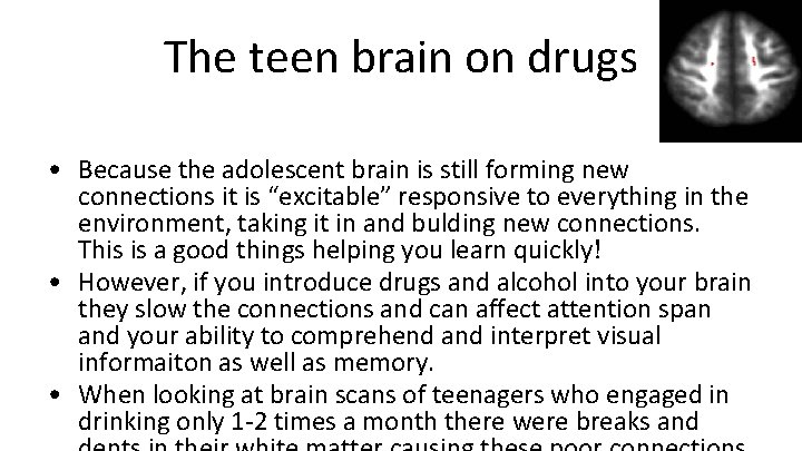 The teen brain on drugs • Because the adolescent brain is still forming new