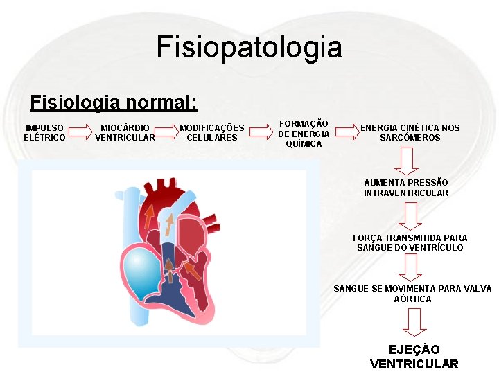 Fisiopatologia Fisiologia normal: IMPULSO ELÉTRICO MIOCÁRDIO VENTRICULAR MODIFICAÇÕES CELULARES FORMAÇÃO DE ENERGIA QUÍMICA ENERGIA