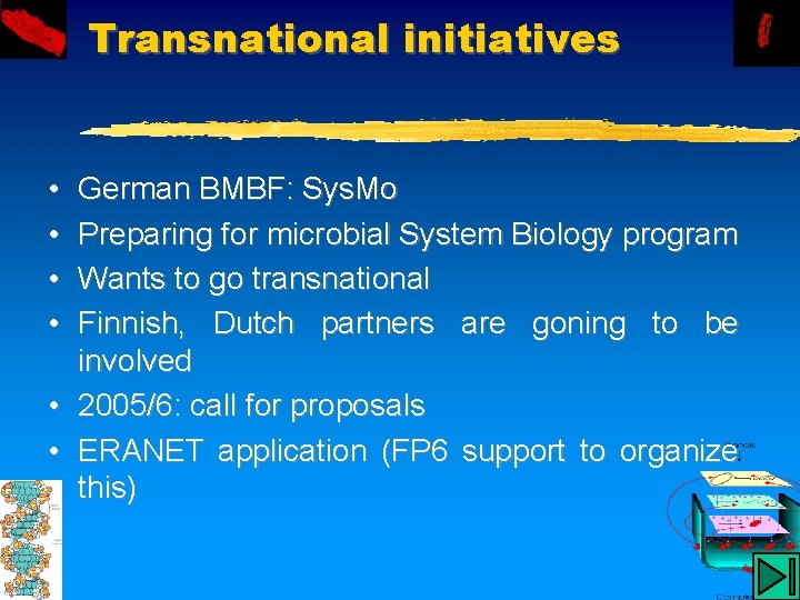 Transnational initiatives • • German BMBF: Sys. Mo Preparing for microbial System Biology program