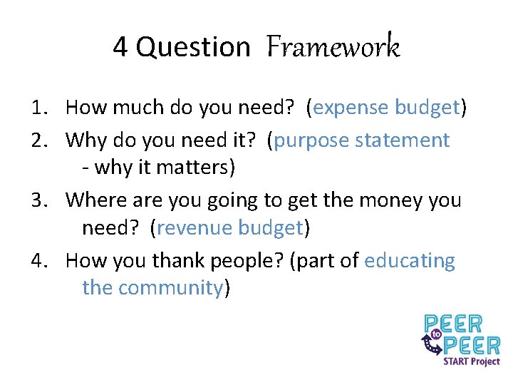 4 Question Framework 1. How much do you need? (expense budget) 2. Why do