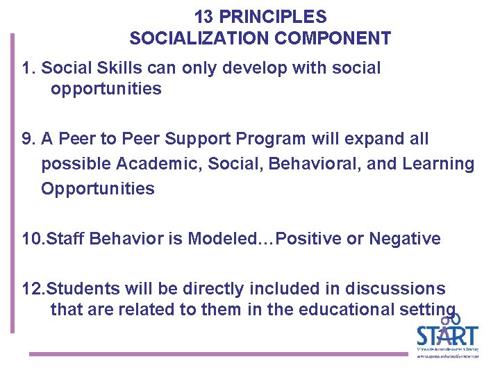 13 PRINCIPLES SOCIALIZATION COMPONENT 1. Social Skills can only develop with social opportunities 9.