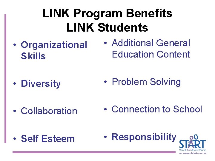 LINK Program Benefits LINK Students • Organizational Skills • Additional General Education Content •