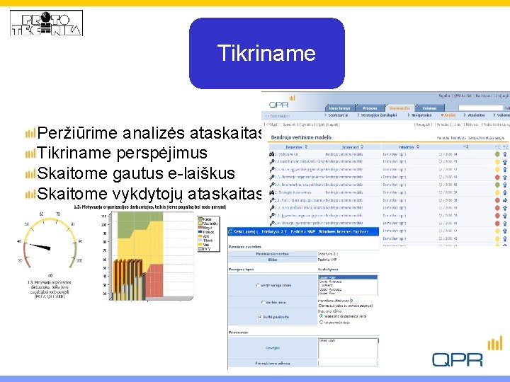 Tikriname Peržiūrime analizės ataskaitas Tikriname perspėjimus Skaitome gautus e-laiškus Skaitome vykdytojų ataskaitas 