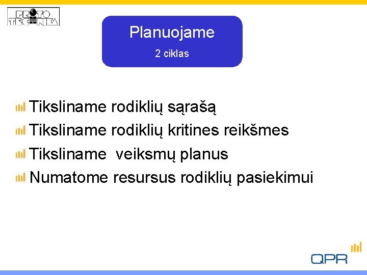 Planuojame 2 ciklas Tiksliname rodiklių sąrašą Tiksliname rodiklių kritines reikšmes Tiksliname veiksmų planus Numatome