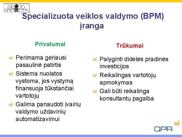 Specializuota veiklos valdymo (BPM) įranga Privalumai Perimama geriausi pasaulinė patirtis Sistema nuolatos vystoma, jos