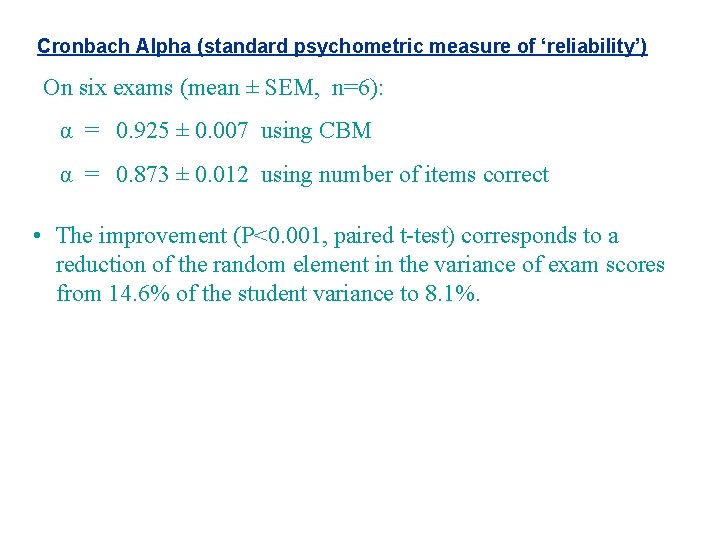 Cronbach Alpha (standard psychometric measure of ‘reliability’) On six exams (mean ± SEM, n=6):
