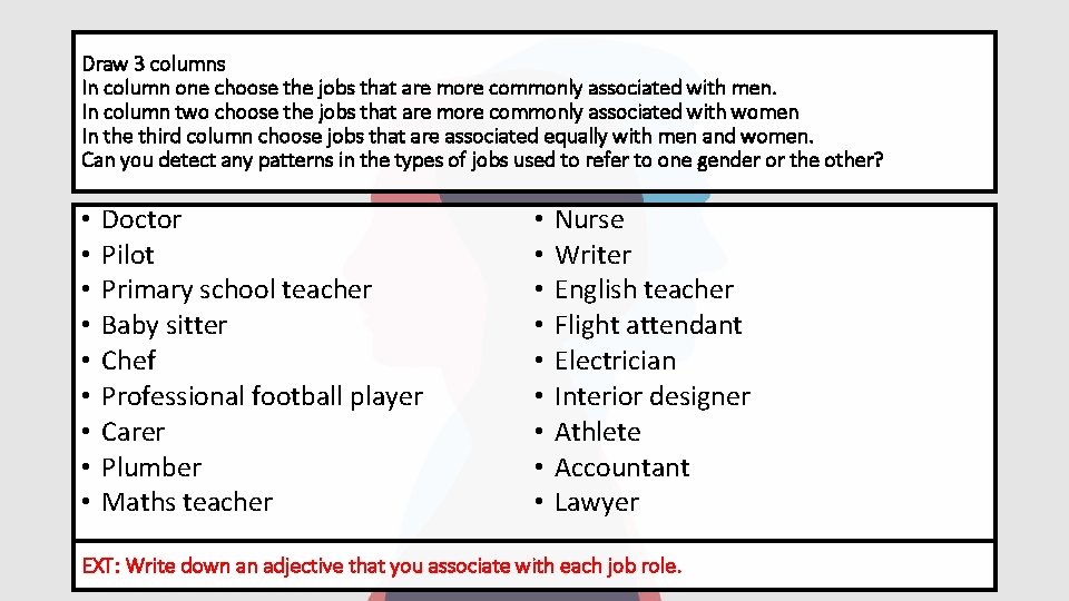 Draw 3 columns In column one choose the jobs that are more commonly associated