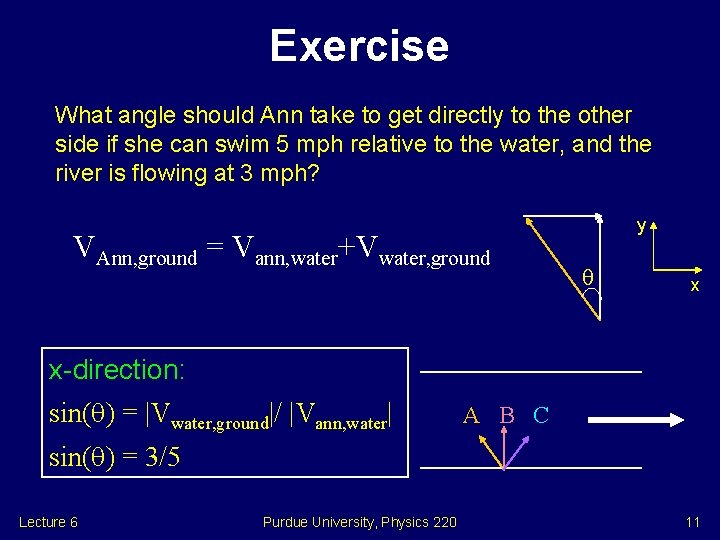 Exercise What angle should Ann take to get directly to the other side if