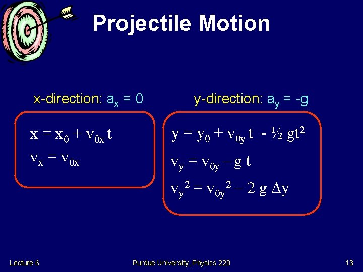 Projectile Motion x-direction: ax = 0 x = x 0 + v 0 x