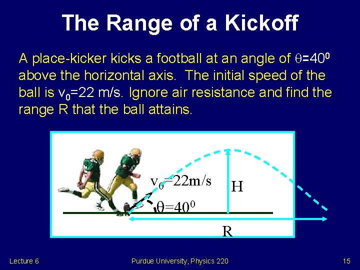 The Range of a Kickoff A place-kicker kicks a football at an angle of