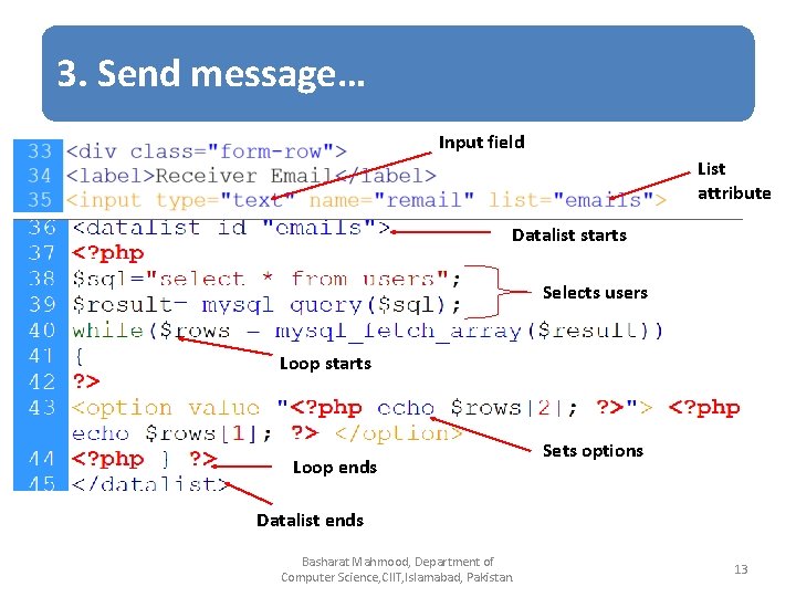 3. Send message… Input field List attribute Datalist starts Selects users Loop starts Loop
