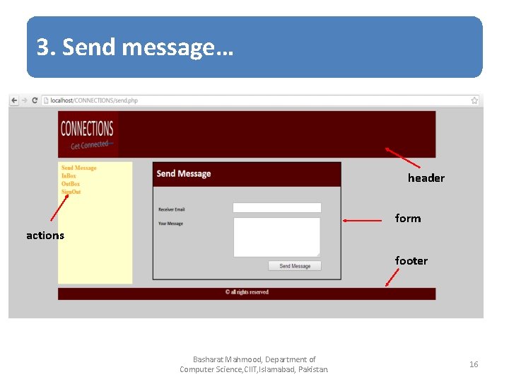 3. Send message… header form actions footer Basharat Mahmood, Department of Computer Science, CIIT,