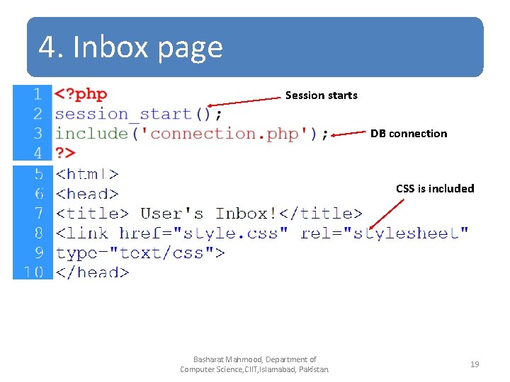 4. Inbox page Session starts DB connection CSS is included Basharat Mahmood, Department of