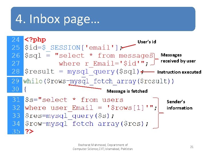 4. Inbox page… User’s id Messages received by user Instruction executed Message is fetched