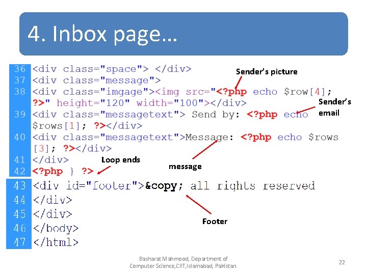 4. Inbox page… Sender’s picture Sender’s email Loop ends message Footer Basharat Mahmood, Department