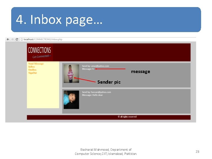 4. Inbox page… message Sender pic Basharat Mahmood, Department of Computer Science, CIIT, Islamabad,