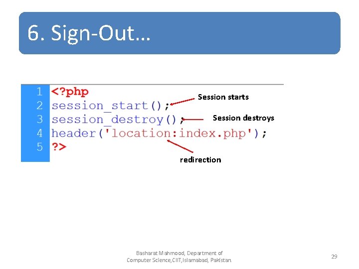 6. Sign-Out… Session starts Session destroys redirection Basharat Mahmood, Department of Computer Science, CIIT,