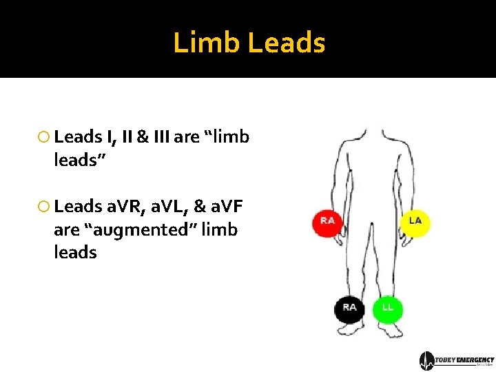Limb Leads I, II & III are “limb leads” Leads a. VR, a. VL,